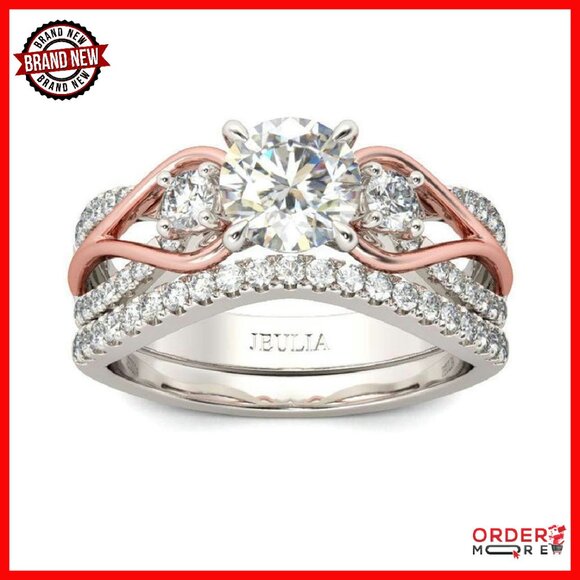 Sterling Silver 3-Stone Bridal Ring Set Size 7.5 Engagement Wedding